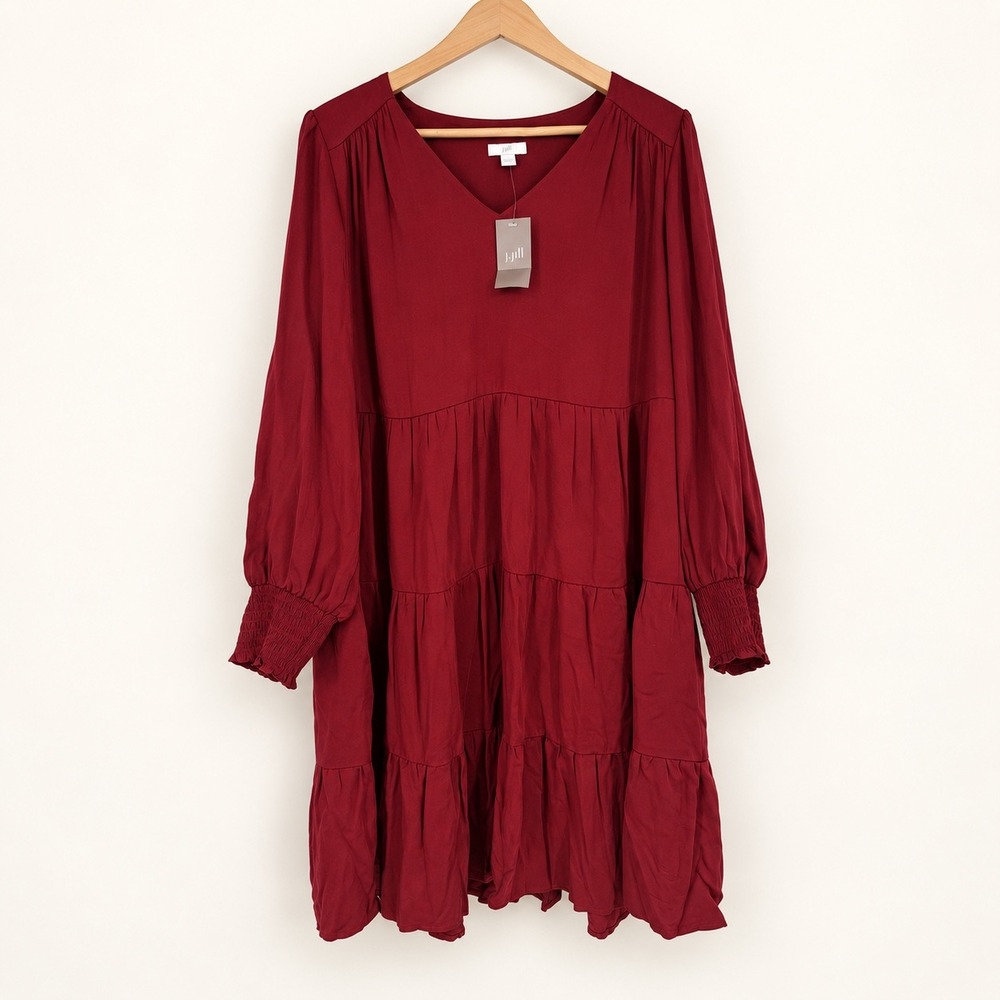 NEW J.Jill Medium Tiered Smocked-Sleeve Trapeze Dress Crimson Flowy Romantic